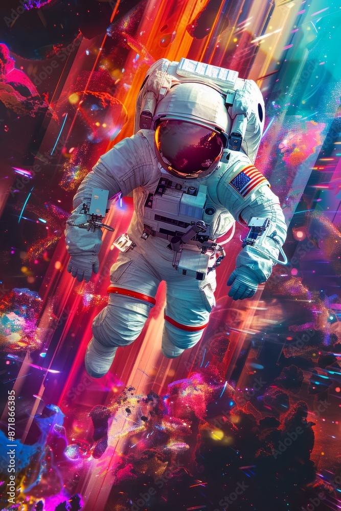 An astronaut floating in a surreal, colorful digital environment with abstract shapes, and vibrant colors. An astronaut floating in a surreal, colorful digital environment with abstract shapes, and vibrant colors.