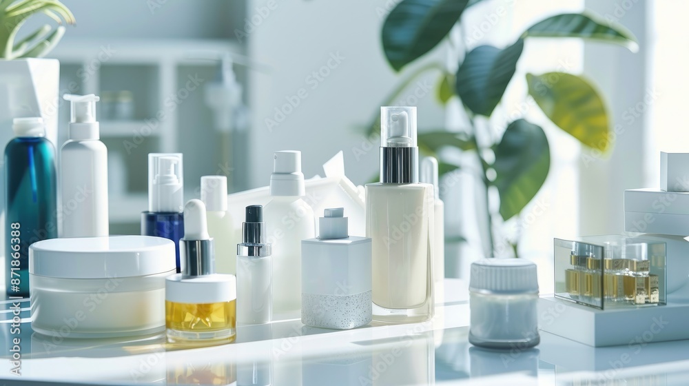 Cosmetics displayed on white surface suitable for medical or health purposes Cosmetics displayed on white surface suitable for medical or health purposes