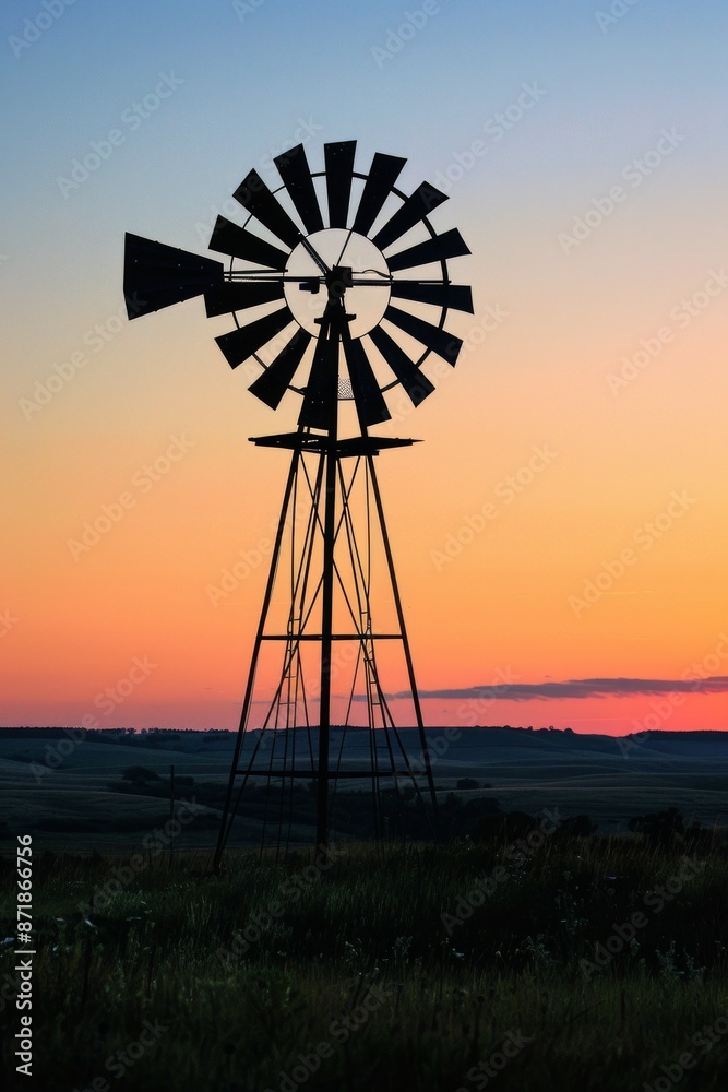 An old windmill silhouetted against a sunset sky, with a softly blurred background of fields and distant hills. An old windmill silhouetted against a sunset sky, with a softly blurred background of fields and distant hills.