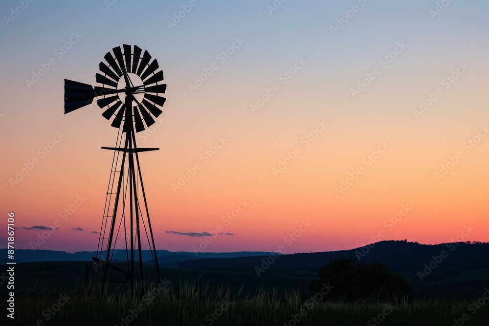 An old windmill silhouetted against a sunset sky, with a softly blurred background of fields and distant hills. An old windmill silhouetted against a sunset sky, with a softly blurred background of fields and distant hills.