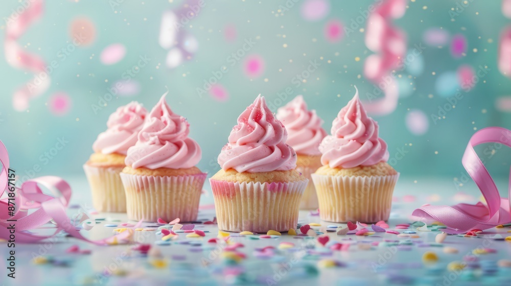 vanilla cupcakes with strawberry swirl icing lined up for a party among ribbon bows and confetti vanilla cupcakes with strawberry swirl icing lined up for a party among ribbon bows and confetti
