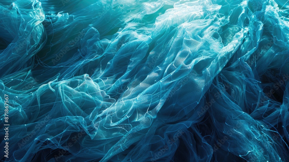 Obraz premium Blue fishing nets seen from above in sunlight filling the frame