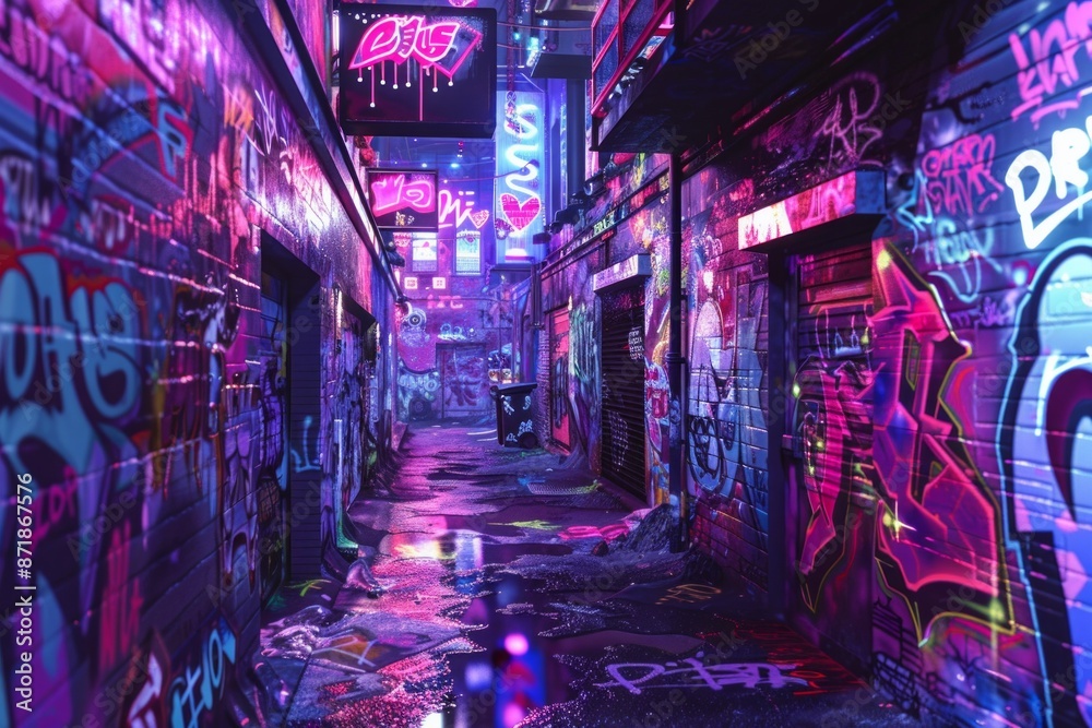 An urban alleyway covered in neon graffiti, with vibrant, street art. An urban alleyway covered in neon graffiti, with vibrant, street art.