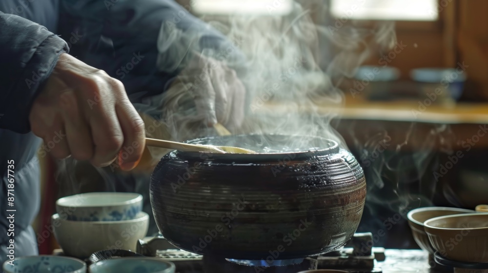 An old wooden s stirring a steaming pot of herbal infusion releasing its calming aroma. An old wooden s stirring a steaming pot of herbal infusion releasing its calming aroma.