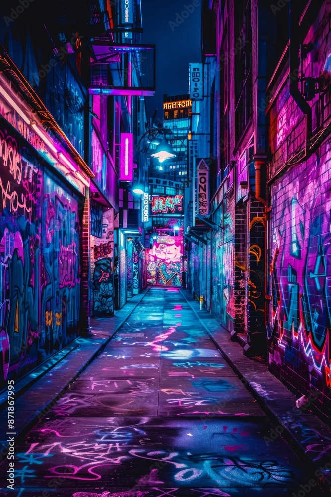 Fototapeta premium An urban alleyway covered in neon graffiti, with vibrant, street art. 