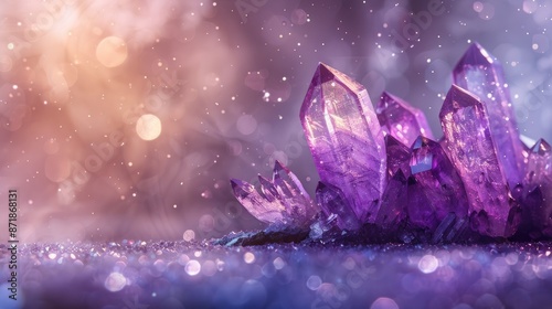 Purple amethyst crystals in their natural environment with a shiny background photo