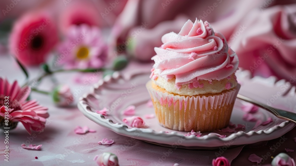 Cupcake on plate with flower backdrop Cupcake on plate with flower backdrop
