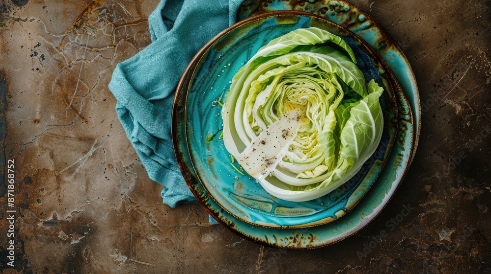 Obraz premium Simple rustic meal Cabbage on turquoise plate with blue napkin on brown backdrop