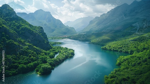 Calm rivers winding through verdant valleys