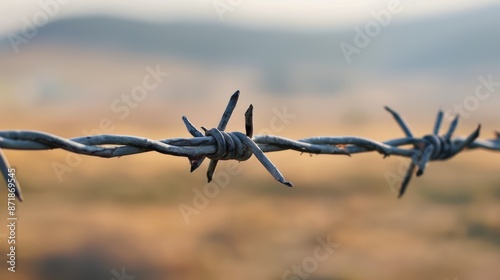 Macro view of barbed wire fence with blurred background photo