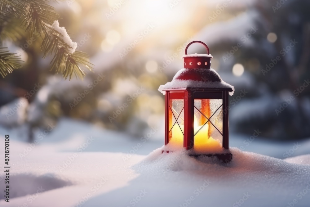 Red lantern glowing warmly on snow, surrounded by a small fir branch with red berries, creating a cozy winter holiday atmosphere in the evening light Red lantern glowing warmly on snow, surrounded by a small fir branch with red berries, creating a cozy winter holiday atmosphere in the evening light