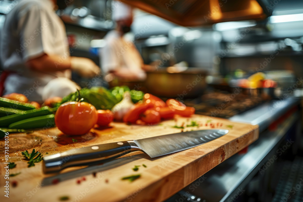 Close- up of a chef's knife lying on a wooden cutting board with fresh vegetables, set in a busy kitchen environment Close- up of a chef's knife lying on a wooden cutting board with fresh vegetables, set in a busy kitchen environment