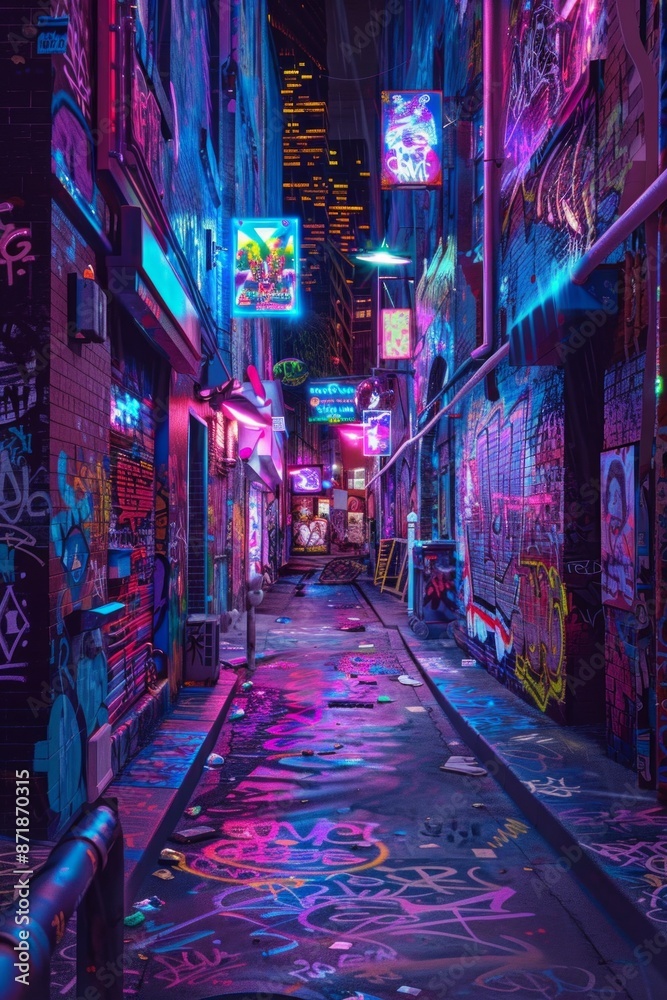 An urban alleyway covered in neon graffiti, with vibrant, street art. An urban alleyway covered in neon graffiti, with vibrant, street art.