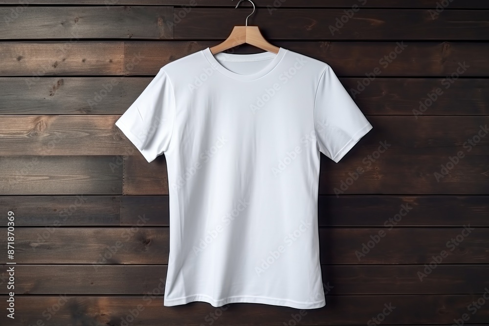 A minimalist mockup of a plain white T-shirt hanging on a wooden hanger against a rustic wooden background. The clean design and natural setting emphasize the simplicity and versatility of the T-shirt A minimalist mockup of a plain white T-shirt hanging on a wooden hanger against a rustic wooden background. The clean design and natural setting emphasize the simplicity and versatility of the T-shirt