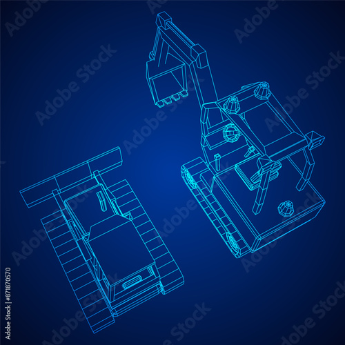 Heavy equipment excavator machine manufacturing power equipment for open pit mining. Wireframe low poly mesh vector illustration