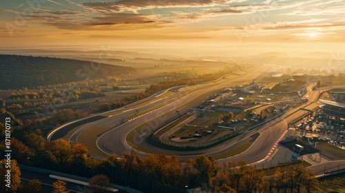 Hungary's main Formula 1 race course, Hungaroring, is situated in Mogyorod. The track looks particularly stunning in the soft lighting of an autumn morning.