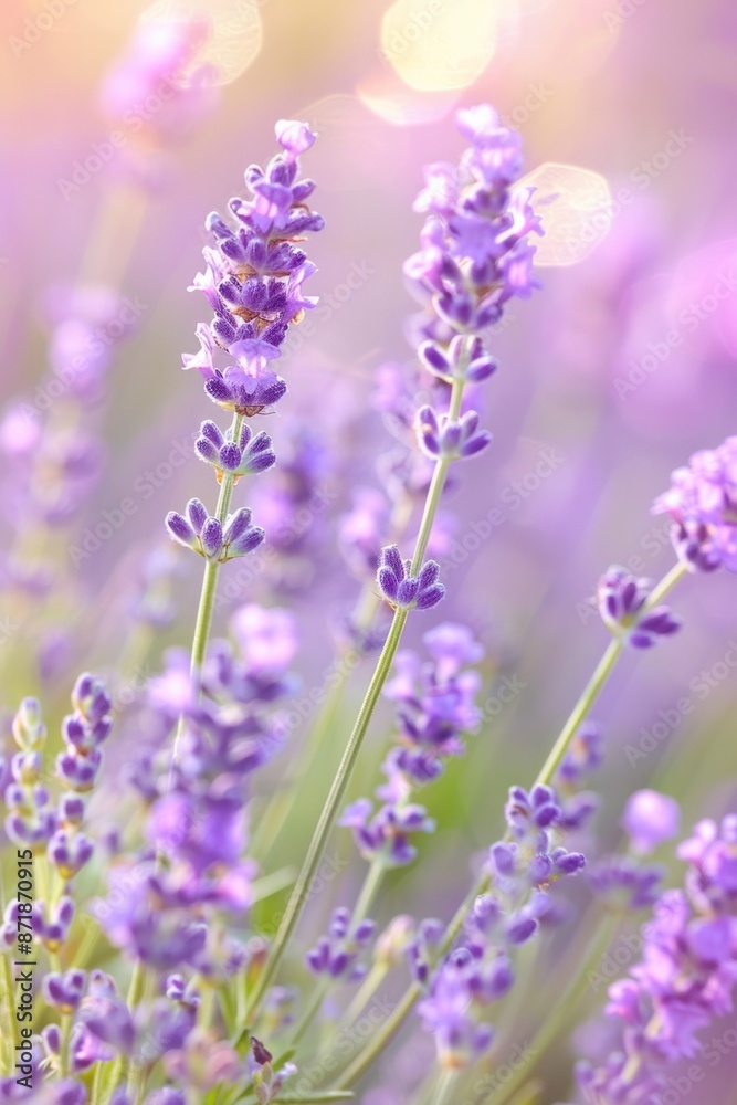 Obraz premium Lavender blooms swaying in a field, with a softly blurred background of a sunlit meadow.