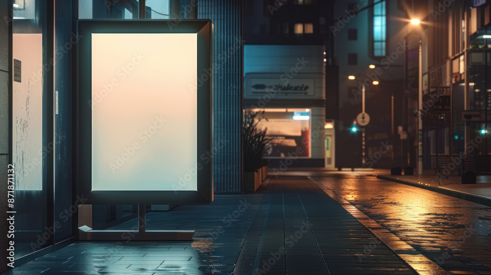 Large blank sign in a shop window at night, 3D rendering Large blank sign in a shop window at night, 3D rendering