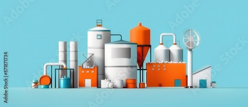 Illustration of a modern industrial factory with various equipment and storage tanks, emphasizing manufacturing and production facilities.