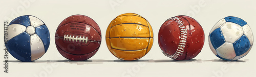 Five different sport balls are lined up on a white surface. The balls are wet and reflect light. They are a beach ball, American football, water polo ball, cricket ball, and soccer ball.