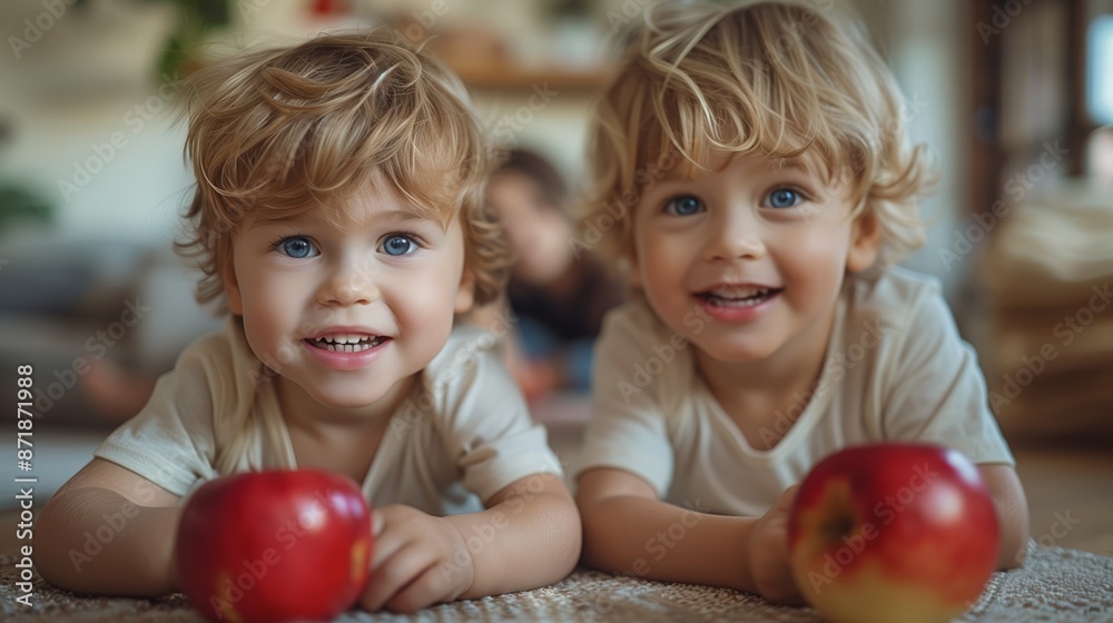 Twin Boys Holding Apples on the Floor Twin Boys Holding Apples on the Floor