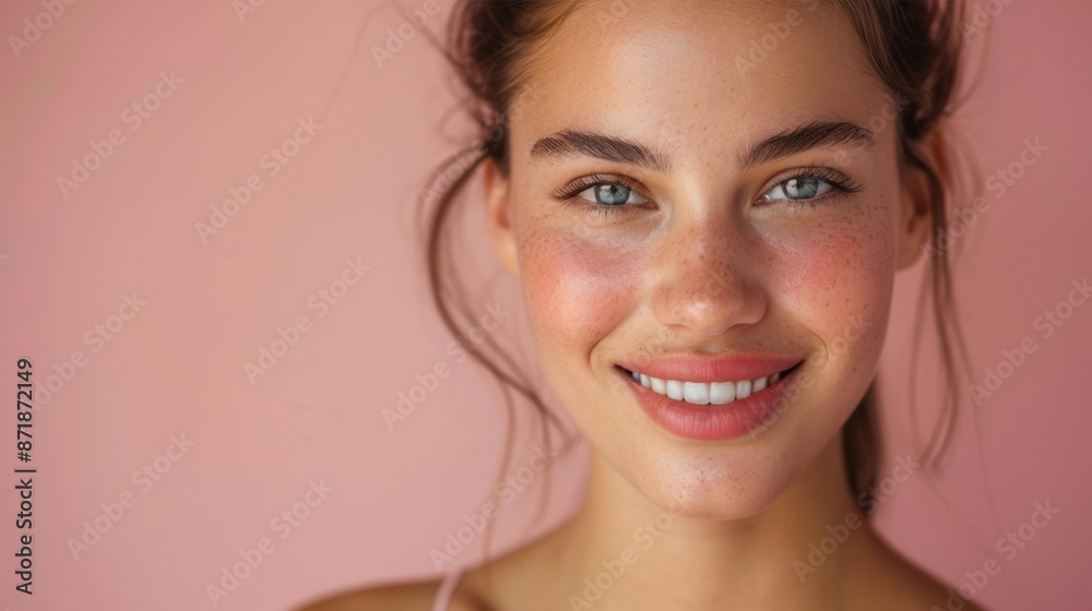 Beautiful young white woman with healthy Smile and perfect skin on isolated pink background Beautiful young white woman with healthy Smile and perfect skin on isolated pink background