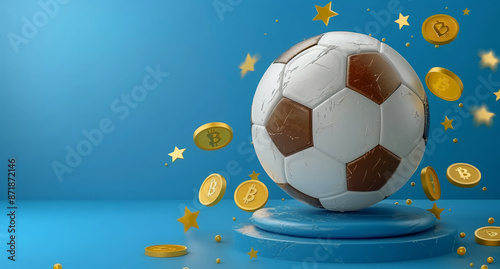 A white and brown soccer ball with a worn texture is floating in front of a blue background with golden stars and Bitcoin symbols. The soccer ball appears to be resting on a blue platform.