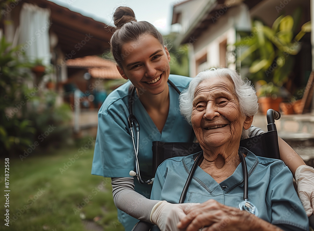 Obraz premium Young nurse taking take about old woman in retirement house.