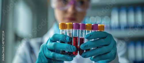 A scientist in a lab holding multiple test tubes filled with blood samples, wearing protective gloves and goggles, in a modern laboratory setting. photo