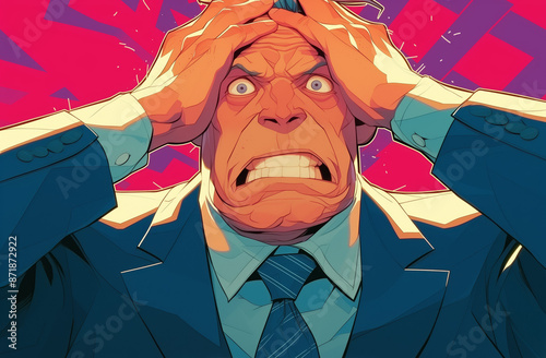 A man in a suit, with a shocked expression on his face, grasps his head with both hands. The background is a vibrant red and purple color with abstract patterns.