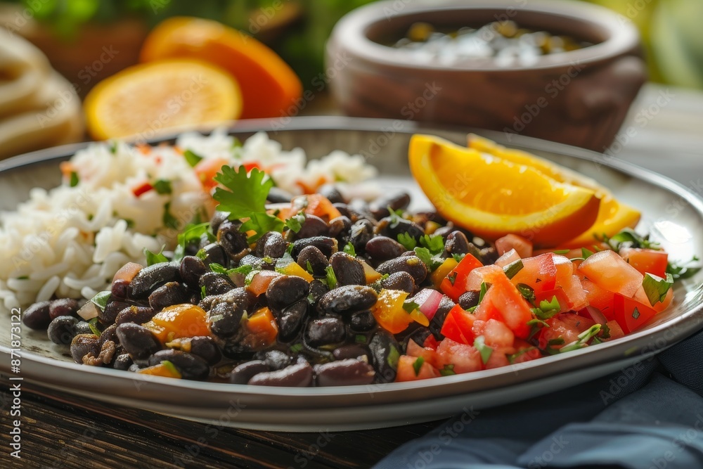 Brazilian dish black beans spicy salad cassava oranges rice plate Brazilian dish black beans spicy salad cassava oranges rice plate