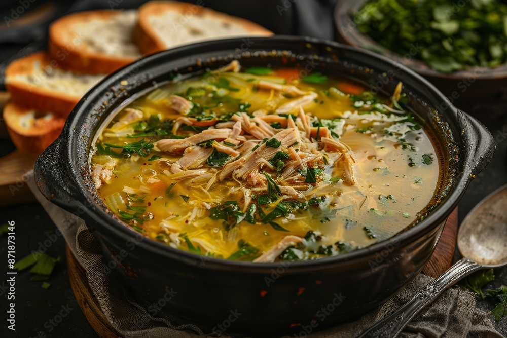 Brazilian dish Caldo de Quenga in black pot on rustic surface with bread slices and spoon selective focus