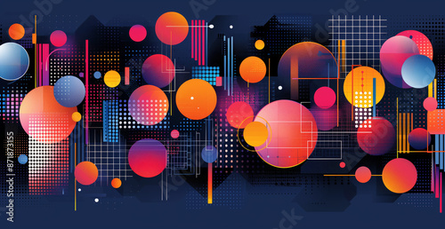 An abstract geometric design featuring a dark blue background with a variety of overlapping circles and squares in red, orange, pink, and blue. 