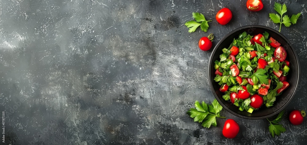 custom made wallpaper toronto digitalTop view of fresh, vibrant salad with cherry tomatoes, cucumbers, and parsley in a black bowl on a rustic dark background.