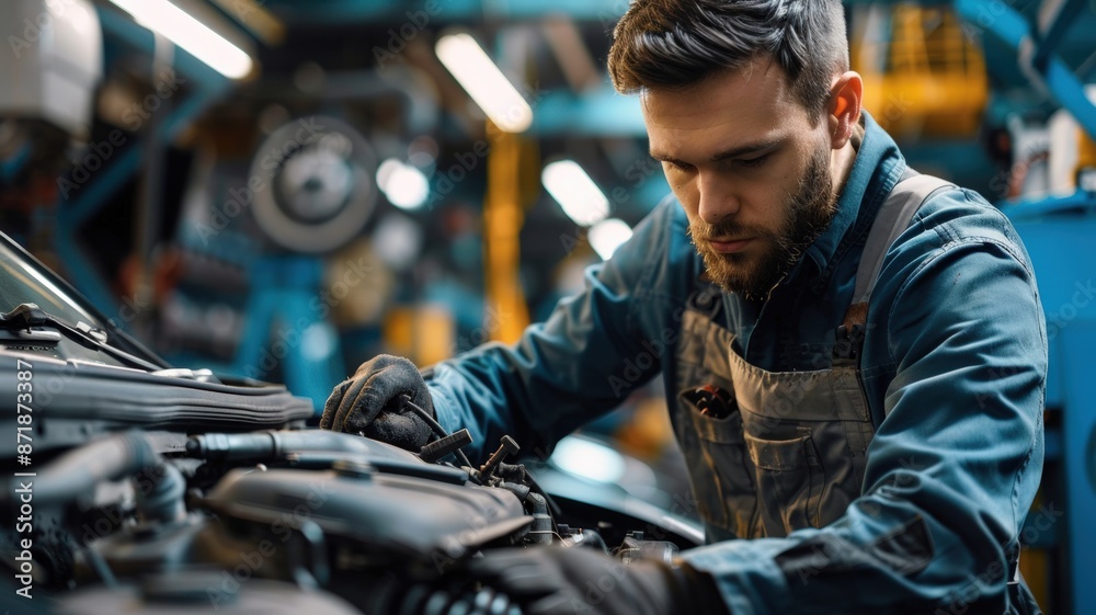 Mechanic Concentrating on Car Engine Repair in Auto Shop Mechanic Concentrating on Car Engine Repair in Auto Shop