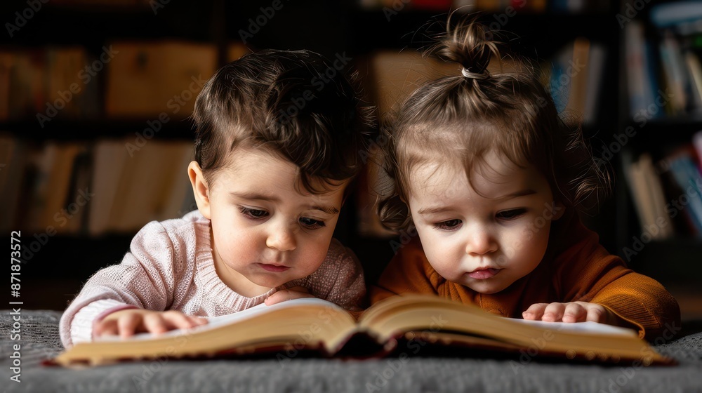 Two children sharing a book in a cozy library corner, with expressions of wonder and curiosity, ideal for capturing the magic of storytelling and childhood education Two children sharing a book in a cozy library corner, with expressions of wonder and curiosity, ideal for capturing the magic of storytelling and childhood education