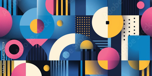 A vibrant abstract geometric pattern features circles, semicircles, squares, and rectangles. The primary colors are blue, yellow, and pink, creating a bold and dynamic visual effect.