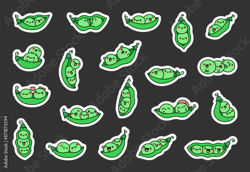 Cute kawaii couples of peas in a pod. Sticker Bookmark. Funny cartoon vegetables characters. Hand drawn style. Vector drawing. Collection of design elements.