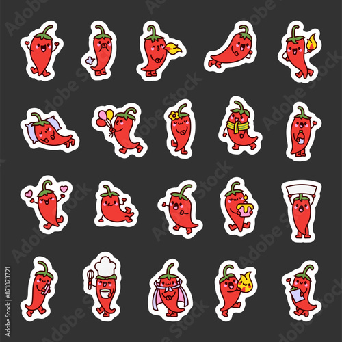 Cute hot pepper character. Sticker Bookmark. Cheerful cartoon vegetable. Hand drawn style. Vector drawing. Collection of design elements.