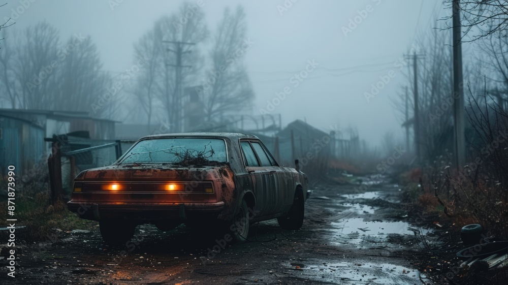 Obraz premium Rusty Car Parked in a Foggy Rural Road