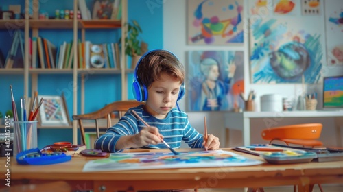 The boy painting with concentration. photo