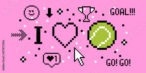 Love tennis pixel art 8 bit design. Sport banner concept. Composition with tennis ball, heart, text Goal. Pixels Y2k trendy playful sticker. Mood of 90's aesthetics. Simple geometric form