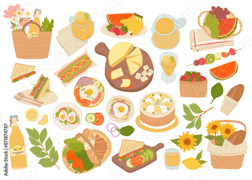 Set of picnic food elements vector illustration, charcuterie, lemon cake, picnic basket, fruits and vegetables