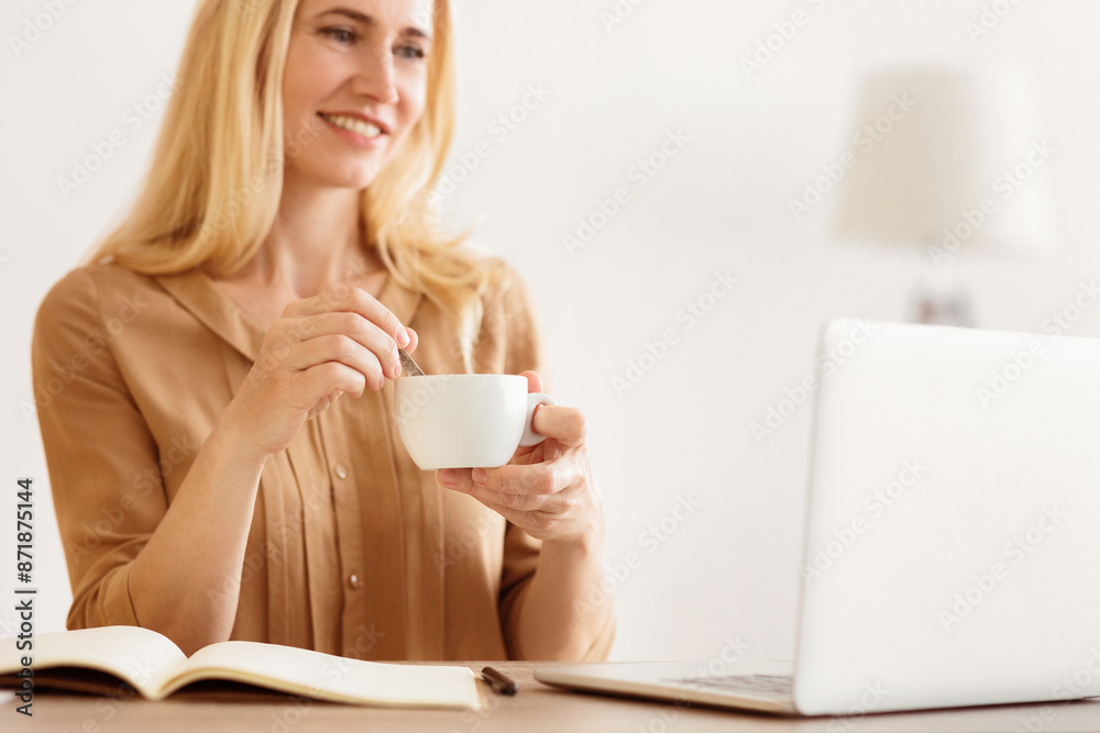 Time For Coffee Break. Entrepreneur Working On Laptop, Holding Cup, Free Space Time For Coffee Break. Entrepreneur Working On Laptop, Holding Cup, Free Space