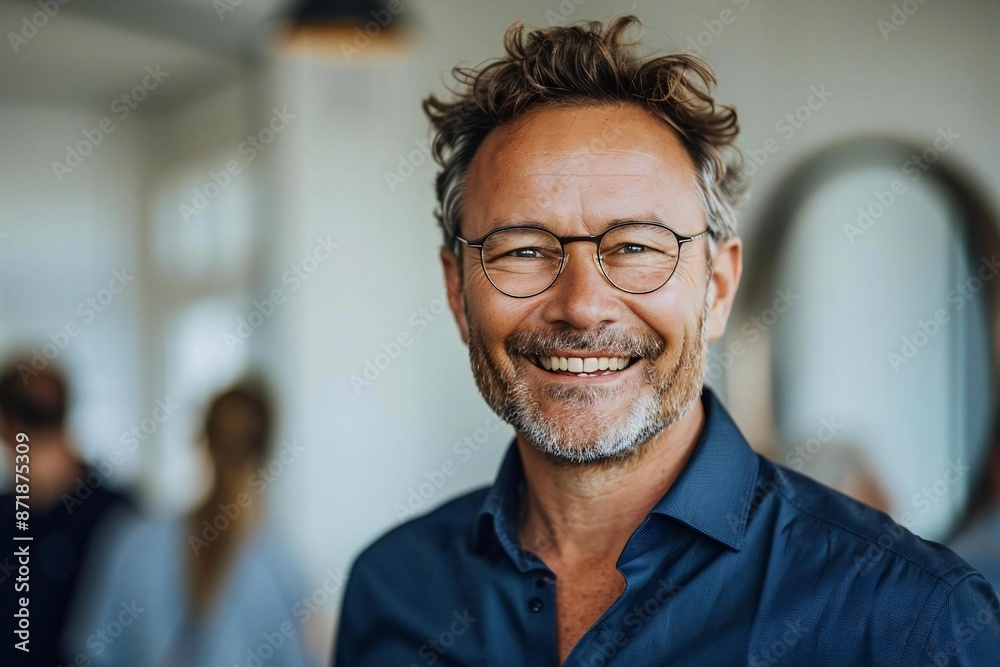 Male Business Teacher and Coach Wearing Glasses, Laughing in Smart Casual Shirt After Corporate Training Class in White Office Setting with Blurred Foreground People Male Business Teacher and Coach Wearing Glasses, Laughing in Smart Casual Shirt After Corporate Training Class in White Office Setting with Blurred Foreground People