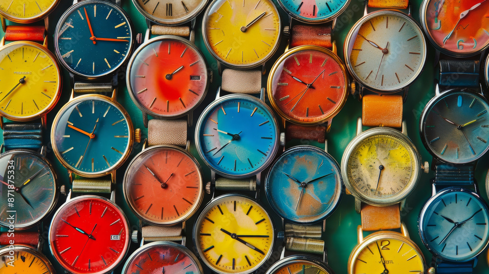 Background: A clean and neutral backdrop, such as a white or light-colored surface, emphasizing the colorful watches and allowing them to stand out.
