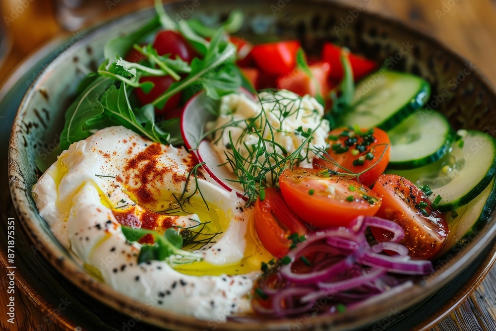Burrata served with vegetables and sauce in a bowl Burrata served with vegetables and sauce in a bowl
