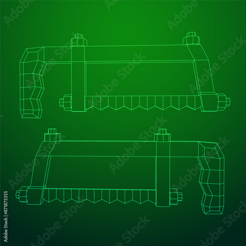 Hacksaw manual or Hand hacksaw. Wireframe low poly mesh vector illustration