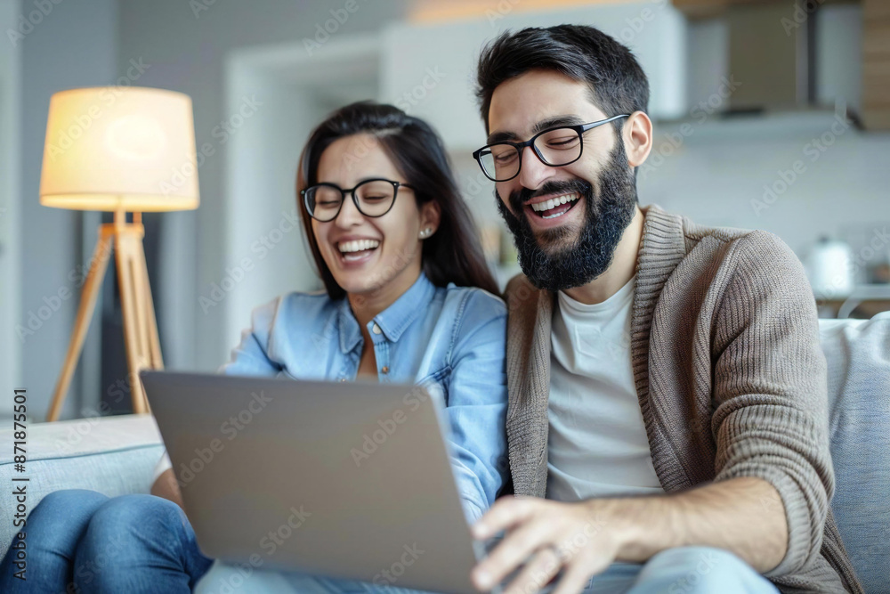 A Multiracial Couple Enjoying Technology Together at Home: Laughing on the Sofa with a Computer Laptop A Multiracial Couple Enjoying Technology Together at Home: Laughing on the Sofa with a Computer Laptop