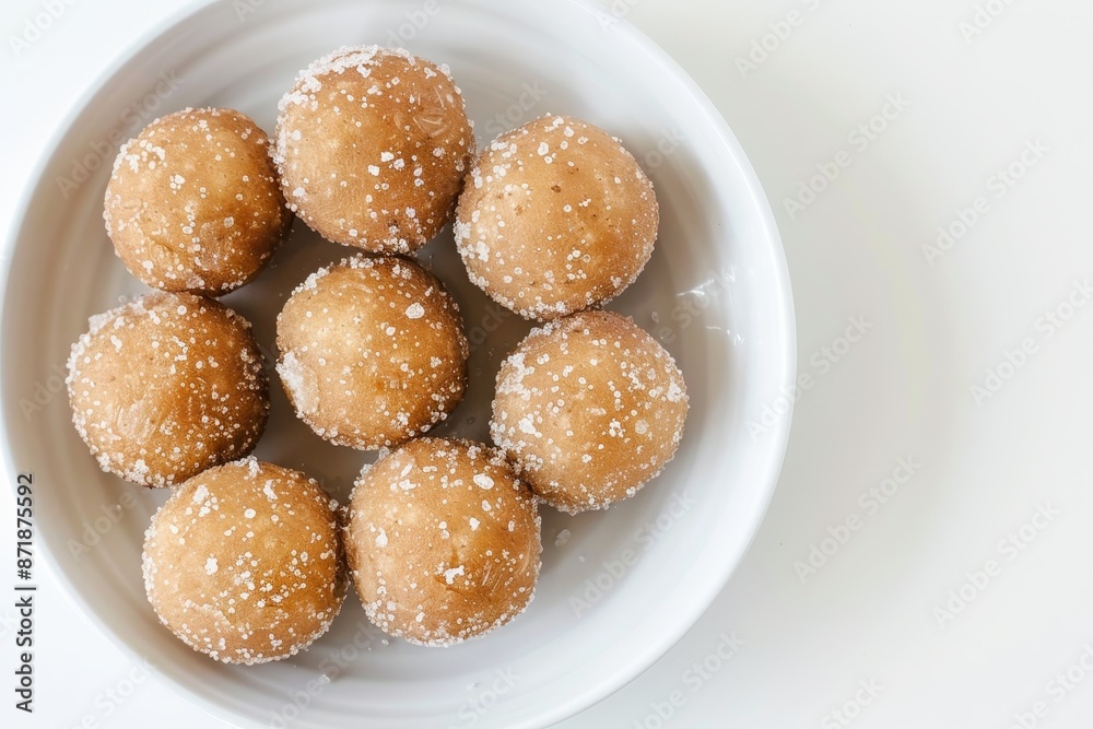 Cassava balls with brown sugar on a white plate Cassava balls with brown sugar on a white plate
